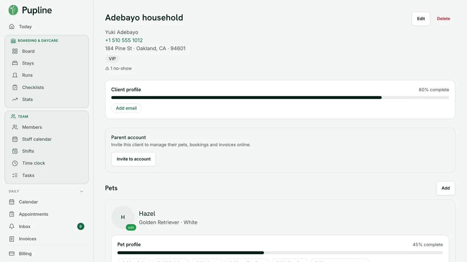 A pet's profile in Pupline, with care card, vaccinations and the Vault